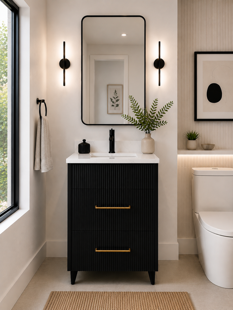 24" Aria fluted vanity in Jet Black with quartz countertop