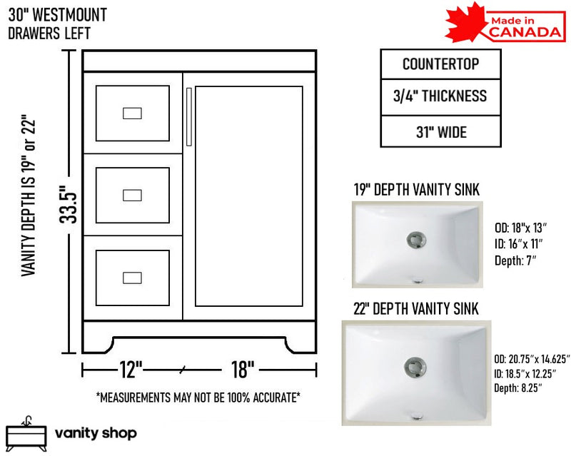 Westmount 30" Solid-Wood Canadian Vanity w/ Quartz Top [Drawers]