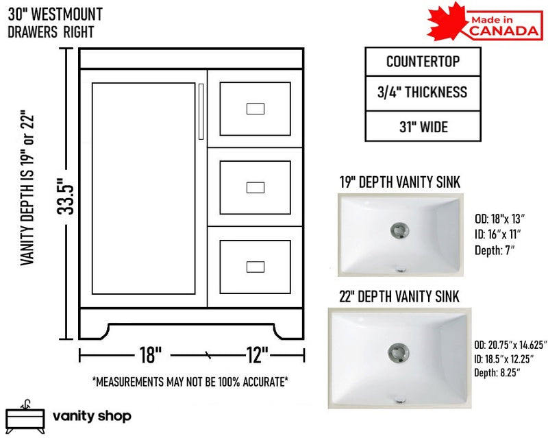 Westmount 30" Solid-Wood Canadian Vanity w/ Quartz Top [Drawers]