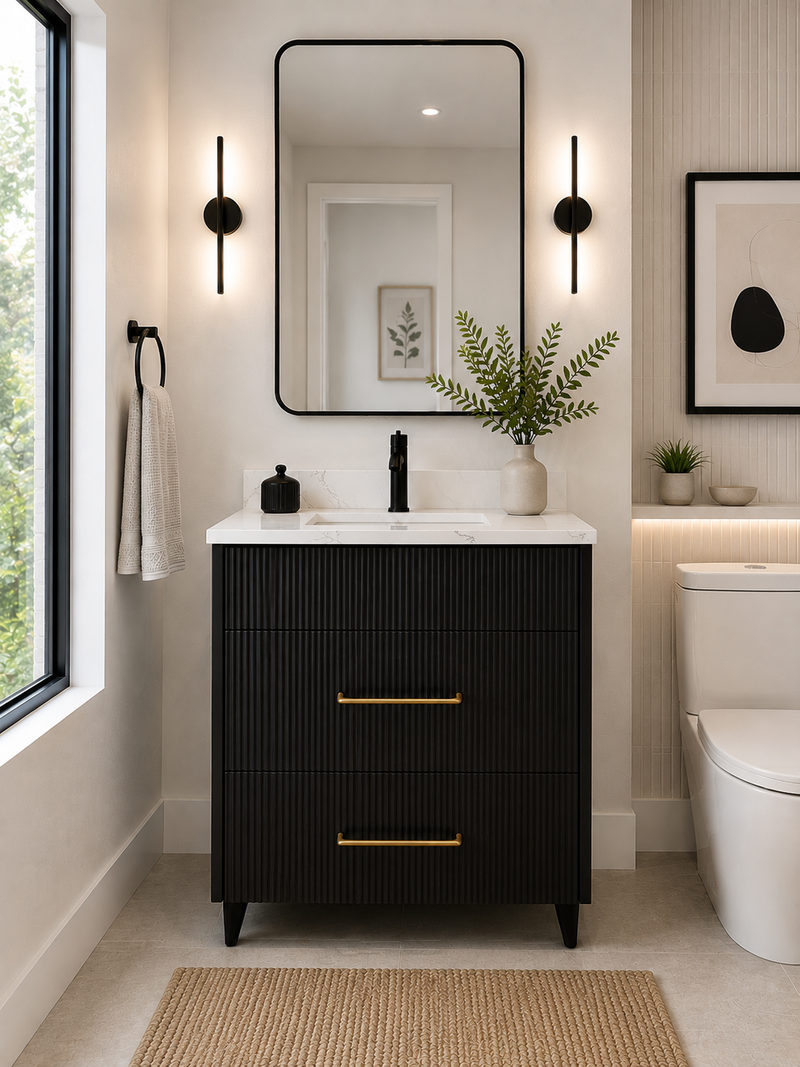 30" Aria fluted vanity in Jet Black with quartz countertop