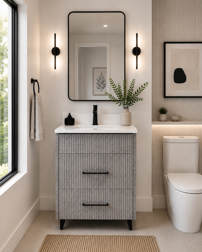 30" Aria fluted vanity in Concrete with quartz countertop