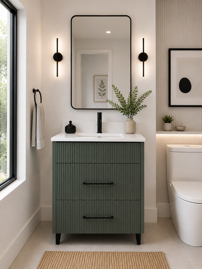 30" Aria fluted vanity in Vintage Green with quartz countertop