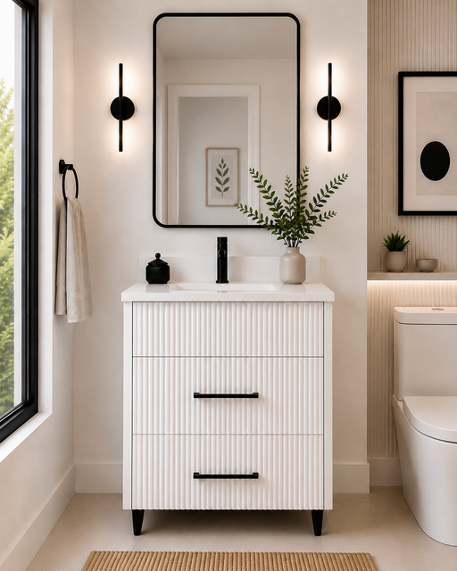 30" Aria fluted vanity in White with quartz countertop