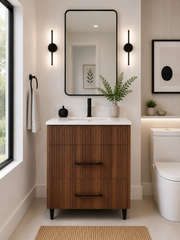 30" Aria fluted vanity in Tuscan Walnut with quartz countertop