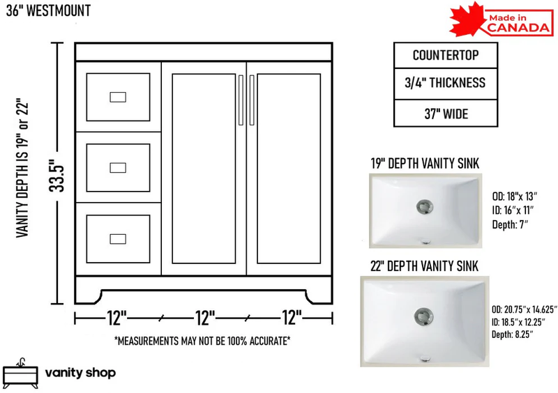 Westmount 36" Solid-Wood Canadian-Made Vanity w/ Quartz Top