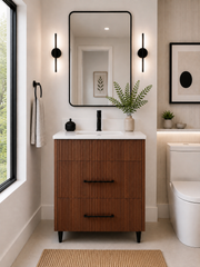36" Aria fluted vanity in Tuscan Walnut with quartz countertop