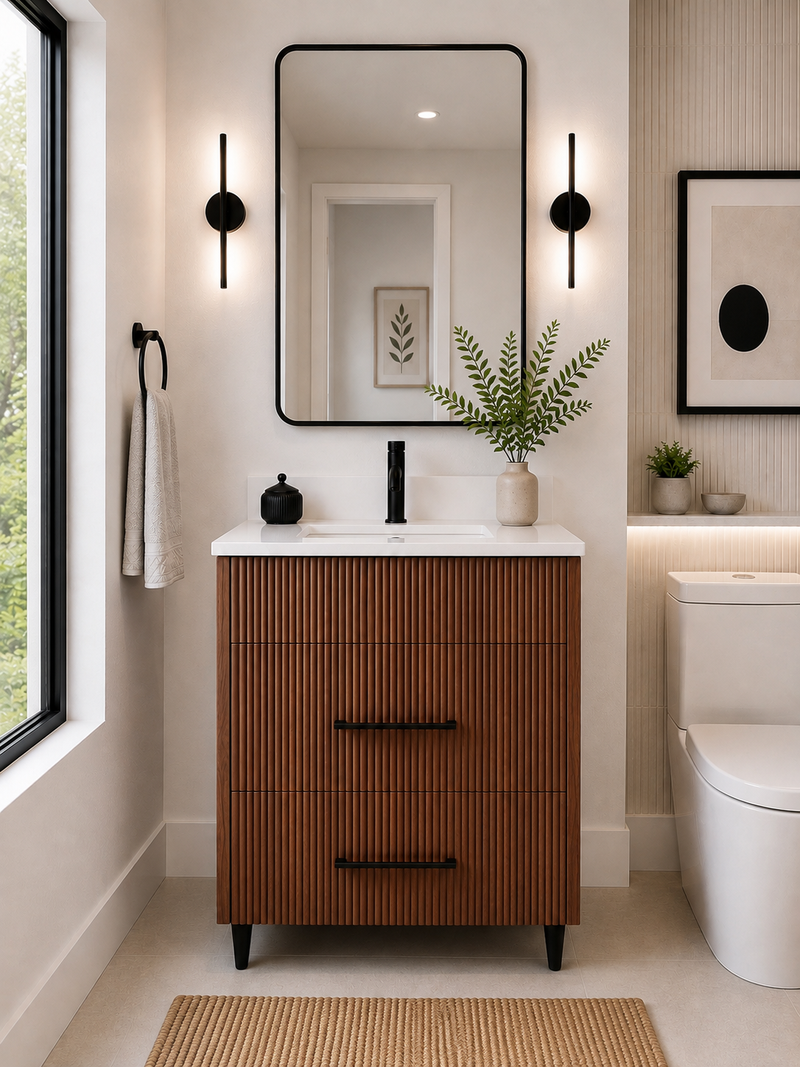 36" Aria fluted vanity in Tuscan Walnut with quartz countertop