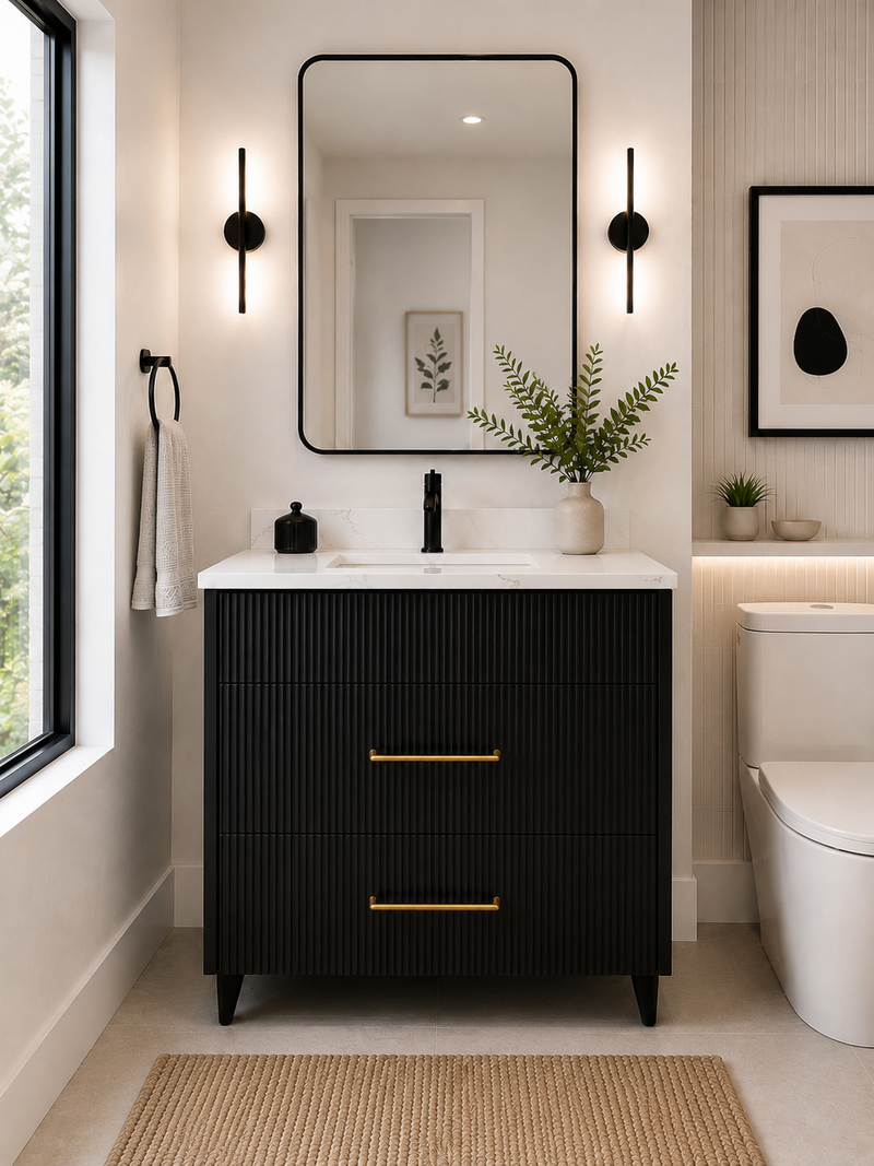 36" Aria fluted vanity in Jet Black with quartz countertop