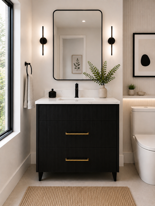36" Aria fluted vanity in Jet Black with quartz countertop