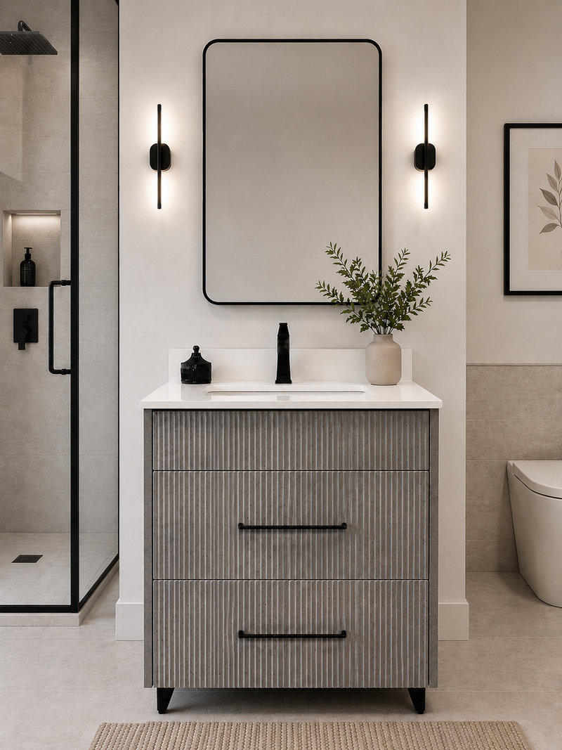 36" Aria fluted vanity in Concrete with quartz countertop