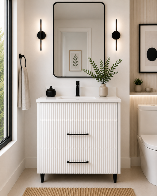 36" Aria fluted vanity in White with quartz countertop