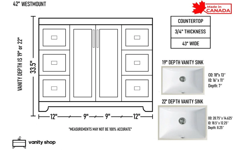 Westmount 42" Solid-Wood Canadian-Made Vanity w/ Quartz Top [6 drawers]