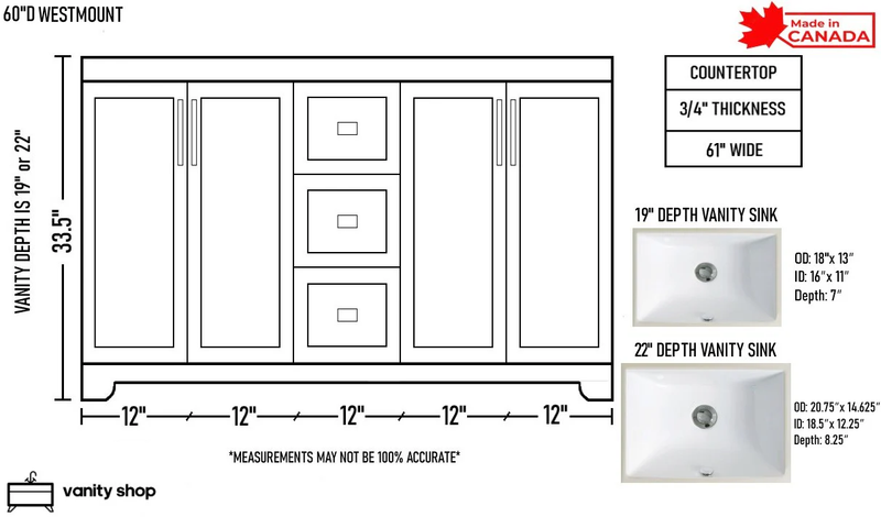 Westmount 60"D Solid-Wood Canadian-Made Vanity w/ Quartz Top