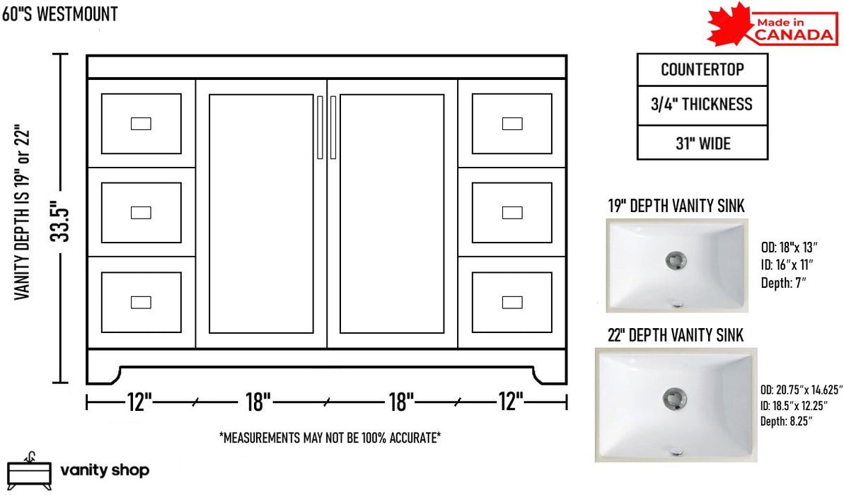 Westmount 60"S Solid-Wood Canadian-Made Vanity w/ Quartz Top