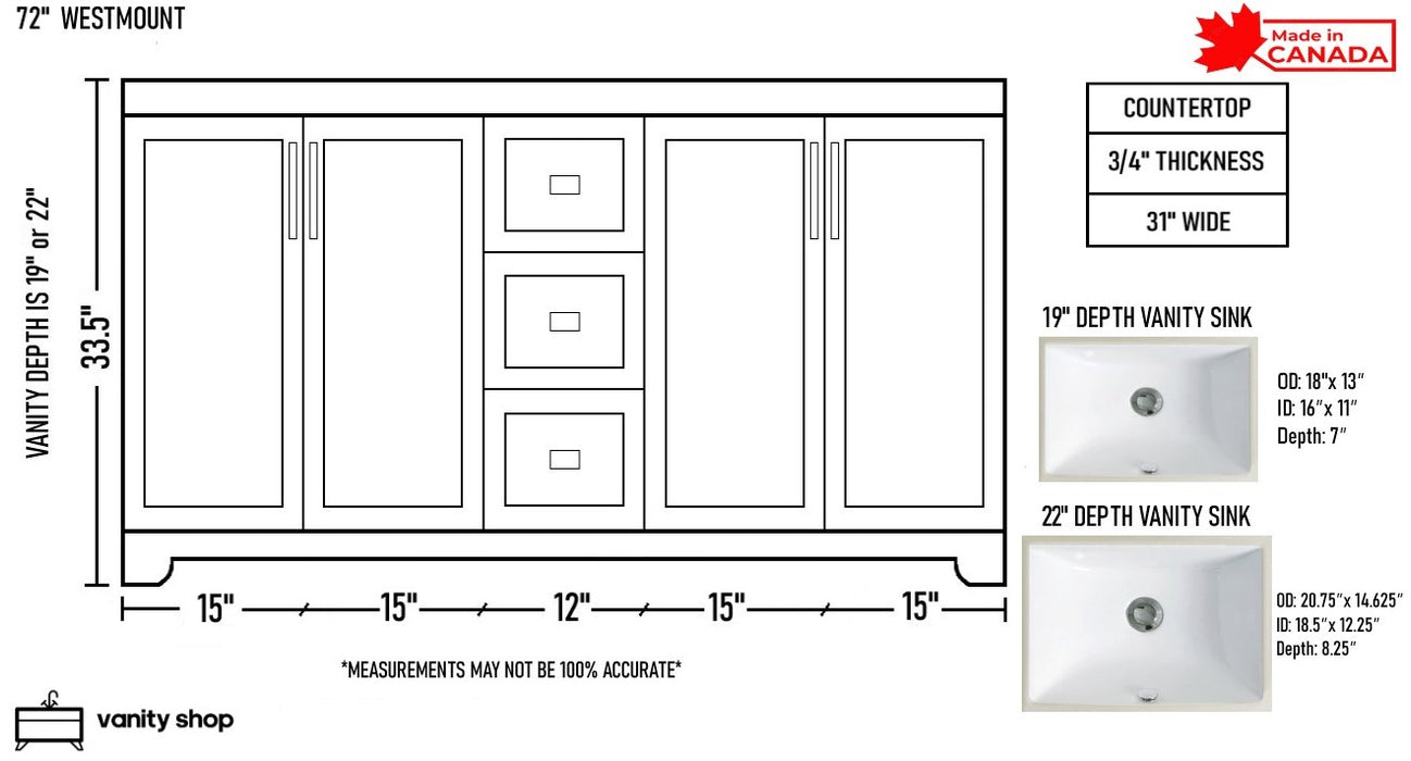 Westmount 72"D Solid-Wood Canadian-Made Vanity w/ Quartz Top