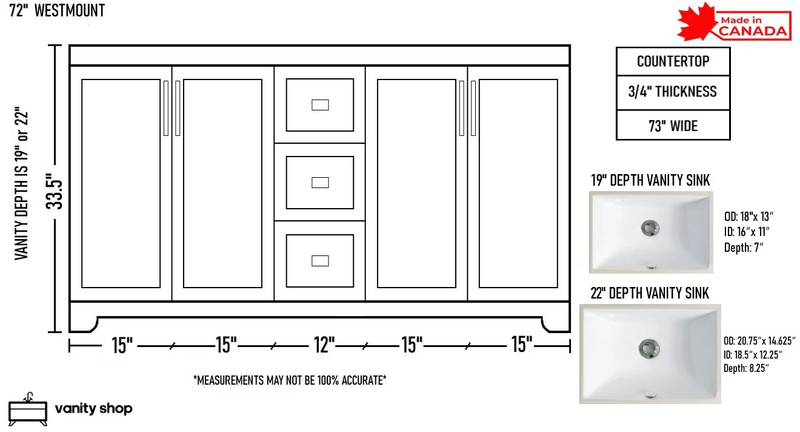 Westmount 72"D Solid-Wood Canadian-Made Vanity w/ Quartz Top