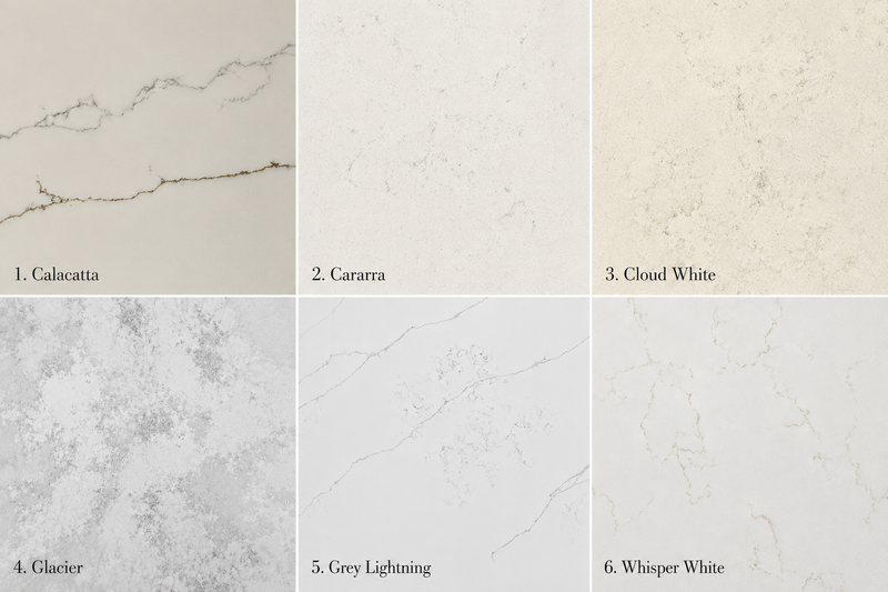 Hudson Vanity Countertop Options — Calacatta, Cararra, Cloud White, Glacier, Grey Lightning, Whisper White