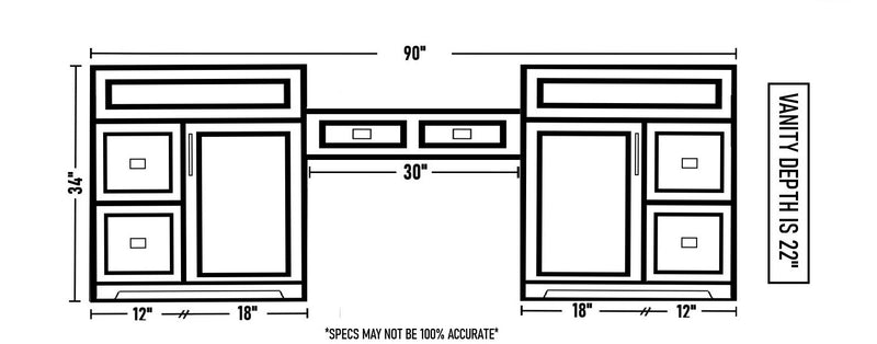 Hampton 90" Makeup Vanity with Quartz Countertop [30x30x30]
